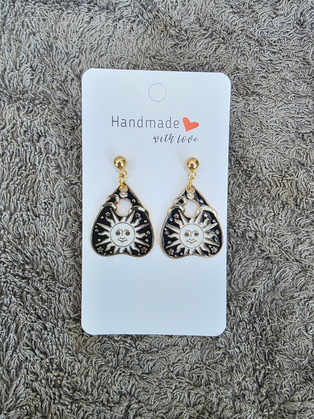 Handmade Black and Gold Sun Face Drop Earrings